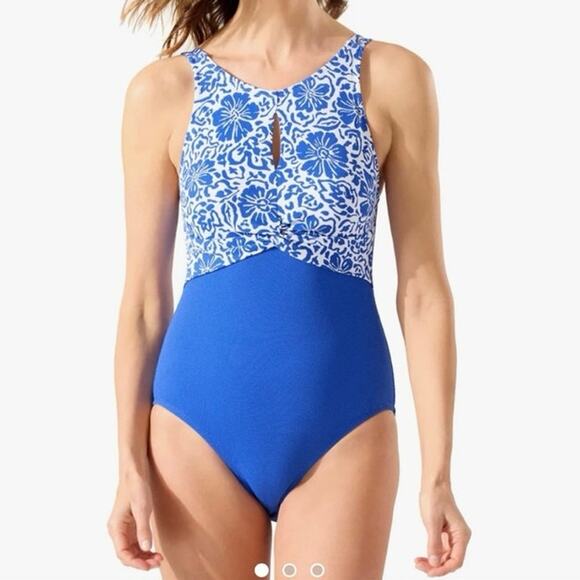 Tommy Bahama Island Cays Hibiscus High Neck One Piece Swimsuit 8 Women’s Blue - Picture 1 of 7